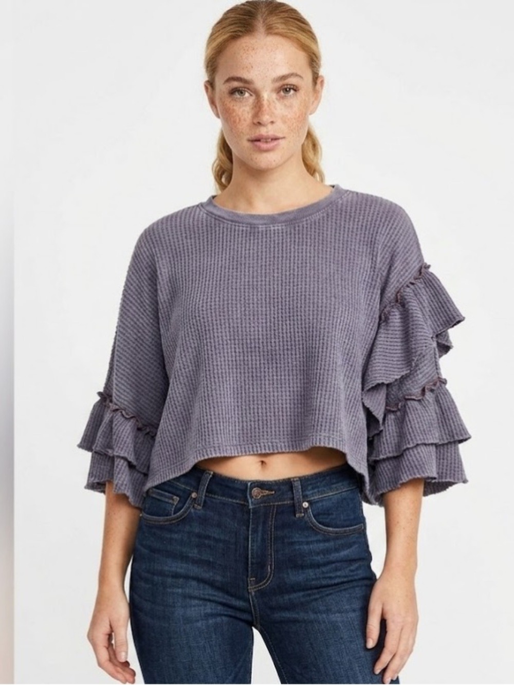 Free People Nessa Flutter Sleeve Waffle Knit Crop Top - Size Medium